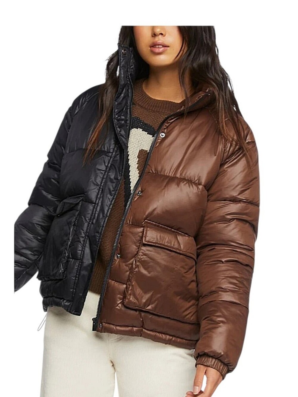 Forever 21 Black & Brown Colorblock Long Sleeve Funnel Neck Puffer Jacket S